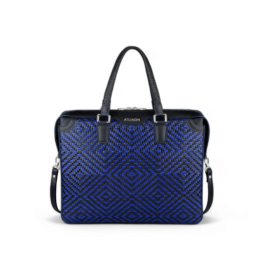 Athison Premia Medium Braided Leather Business Bag, Electric Blue