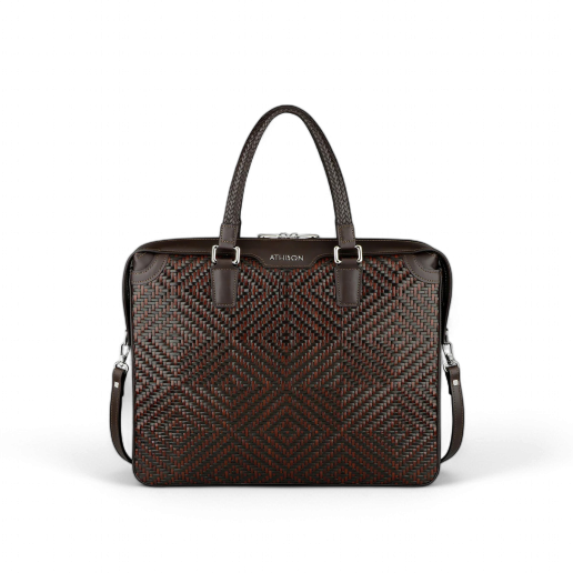 Athison Premia Medium Braided Leather Business Bag, Brown