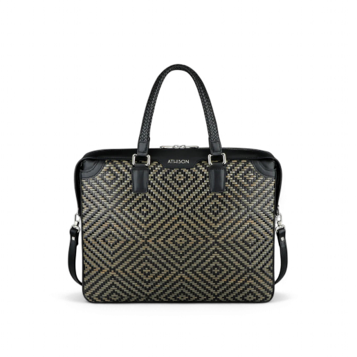Athison Premia Medium Braided Leather Business Bag, Black / Gray