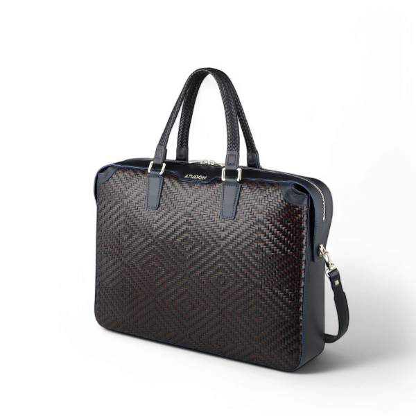 Athison Premia Large Braided Leather Business Bag, Burgundy / Blue