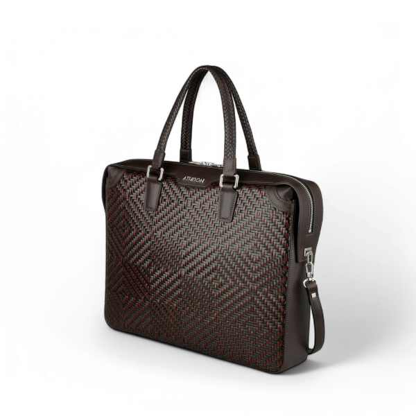 Athison Premia Large Braided Leather Business Bag, Brown