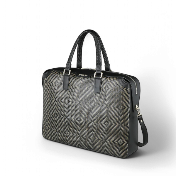Athison Premia Large Braided Leather Business Bag, Black / Gray