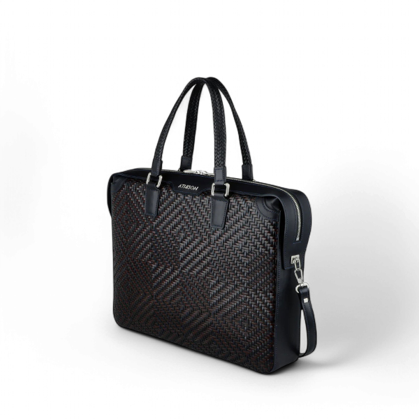 Athison Premia Medium Braided Leather Business Bag, Burgundy / Blue
