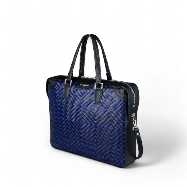 Athison Premia Medium Braided Leather Business Bag, Electric Blue