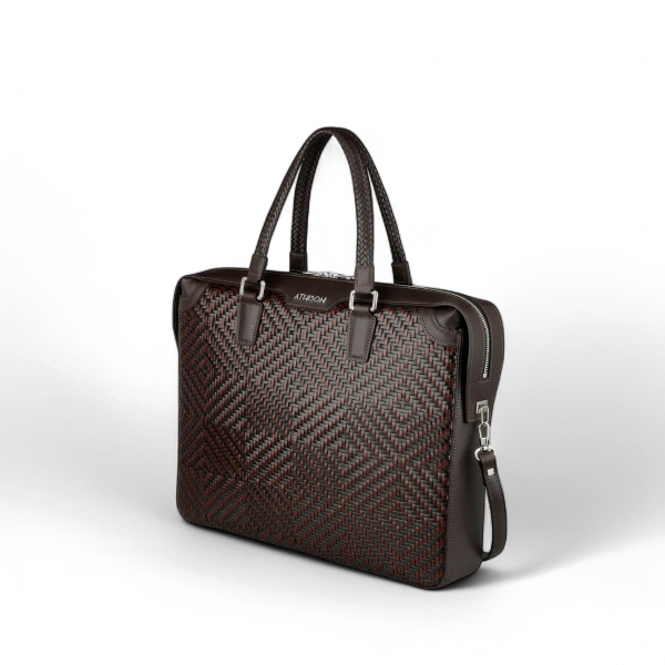 Athison Premia Medium Braided Leather Business Bag, Brown