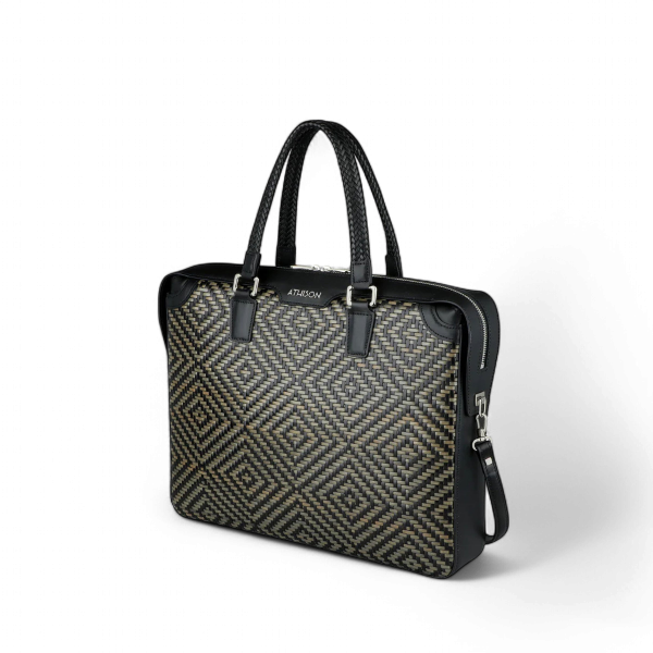 Athison Premia Medium Braided Leather Business Bag, Black / Gray