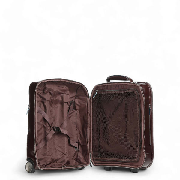 Piquadro Leather Carry-On Rolling Luggage, Mahogany Brown